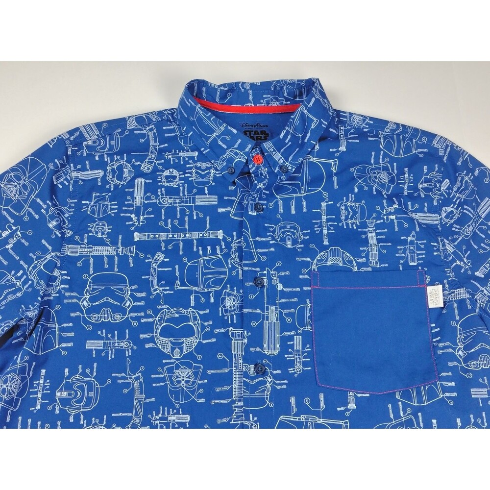 Star Wars Disney Parks Shirt Mens L Blue Camp Button Up AOP Blueprint
